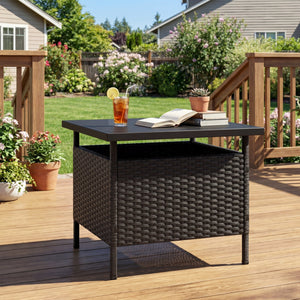 Patio Square Wicker Side Table with Umbrella Hole for Yard-Black view 2