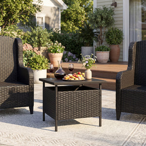 Patio Square Wicker Side Table with Umbrella Hole for Yard-Black view 3