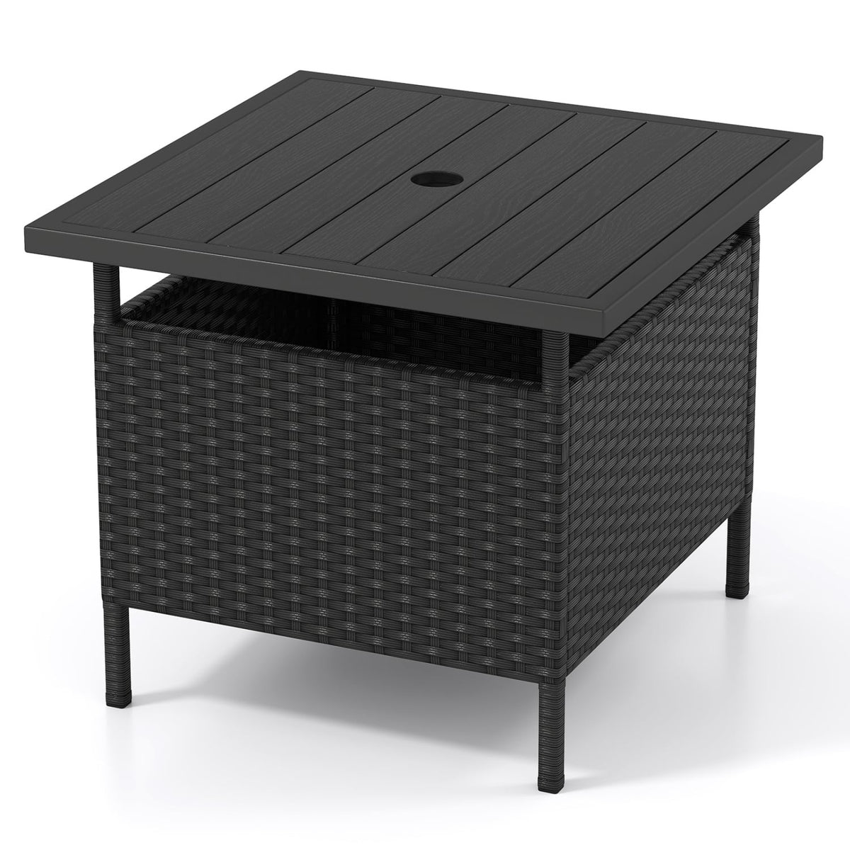 Patio Square Wicker Side Table with Umbrella Hole for Yard-Black view 4