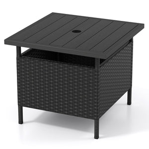 Patio Square Wicker Side Table with Umbrella Hole for Yard-Black view 4
