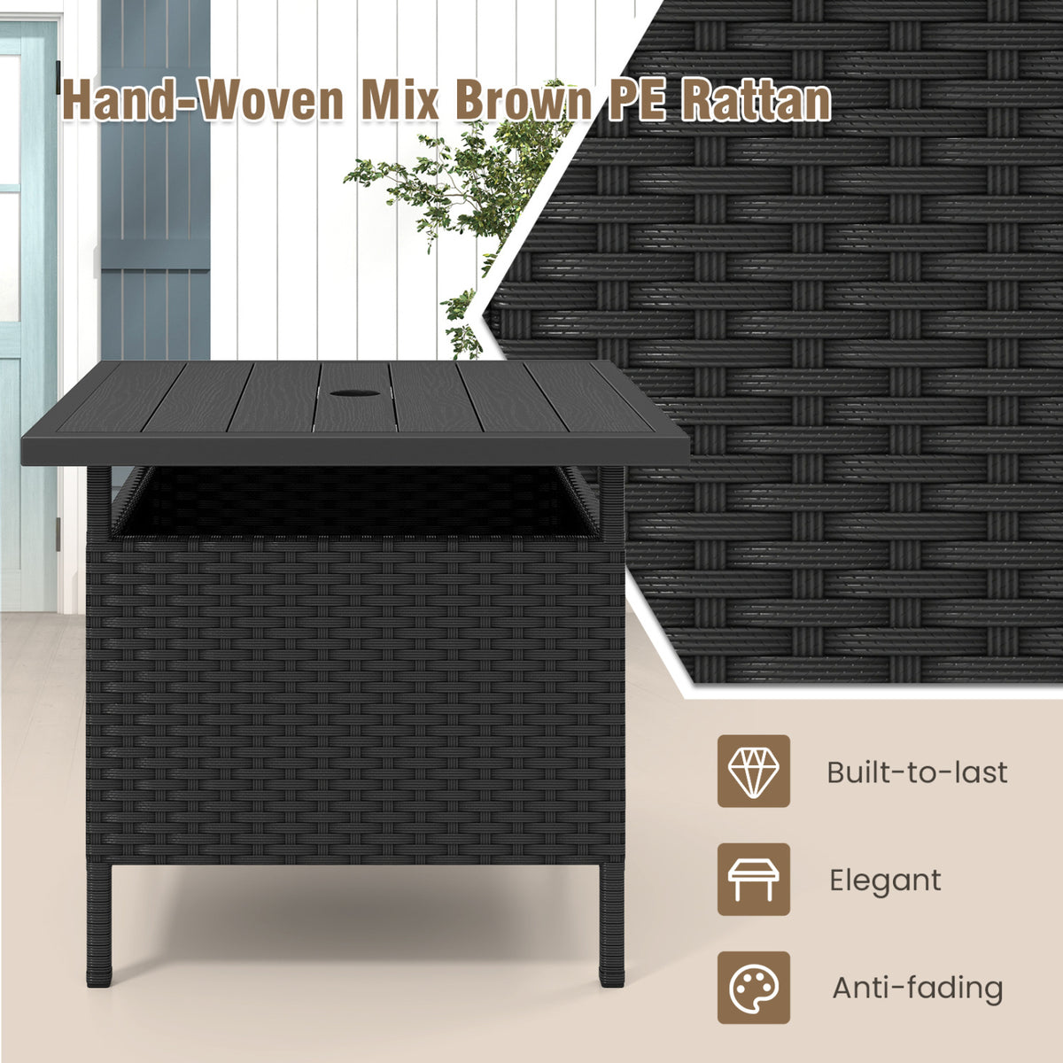 Patio Square Wicker Side Table with Umbrella Hole for Yard-Black view 7