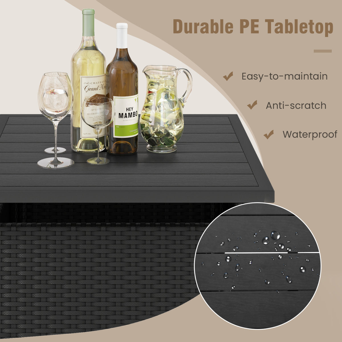 Patio Square Wicker Side Table with Umbrella Hole for Yard-Black view 8