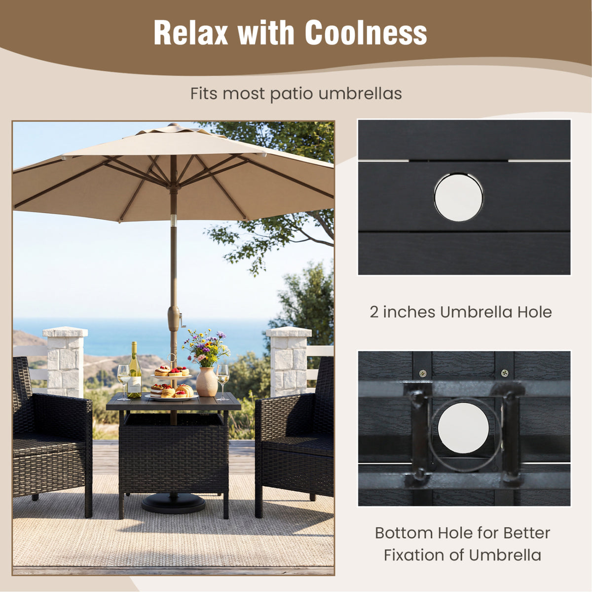 Patio Square Wicker Side Table with Umbrella Hole for Yard-Black view 9