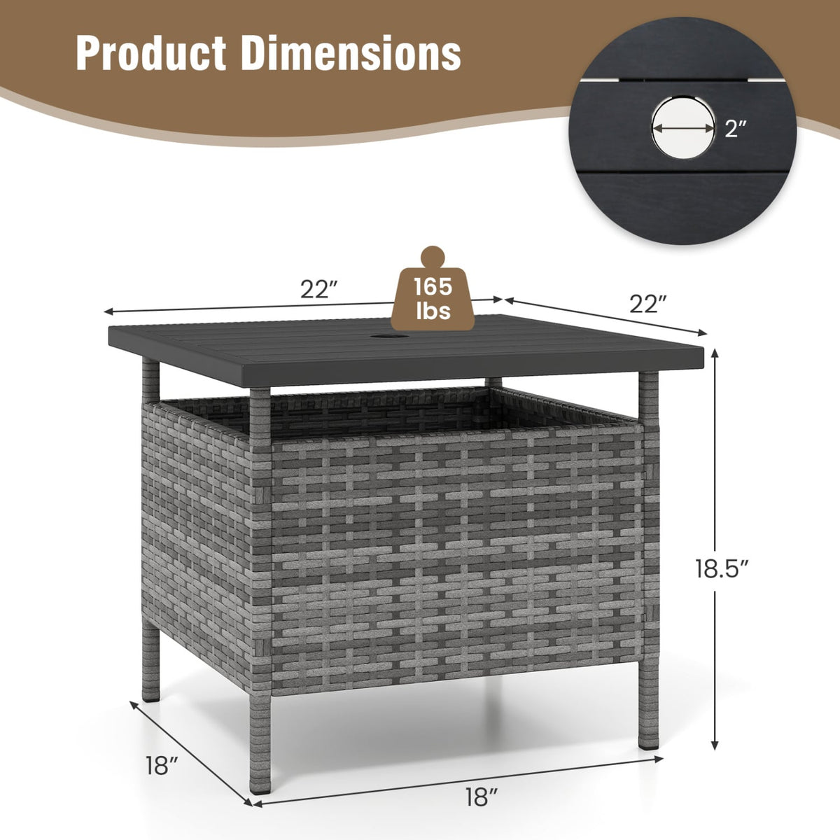Patio Square Wicker Side Table with Umbrella Hole for Yard-Gray view 5