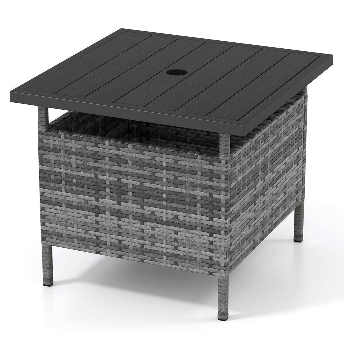 Patio Square Wicker Side Table with Umbrella Hole for Yard-Gray view 4