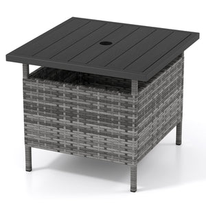 Patio Square Wicker Side Table with Umbrella Hole for Yard-Gray view 4