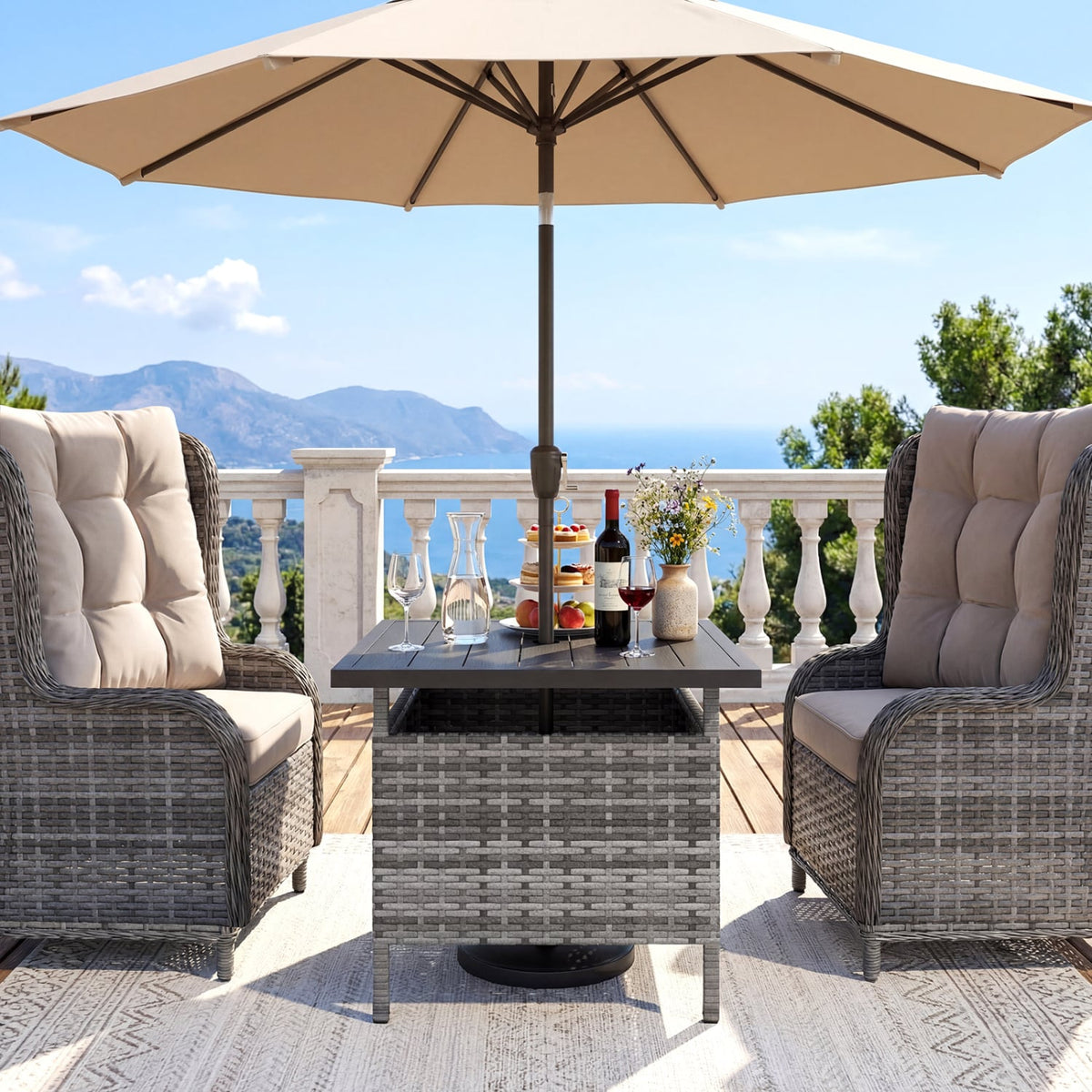 Patio Square Wicker Side Table with Umbrella Hole for Yard-Gray view 6
