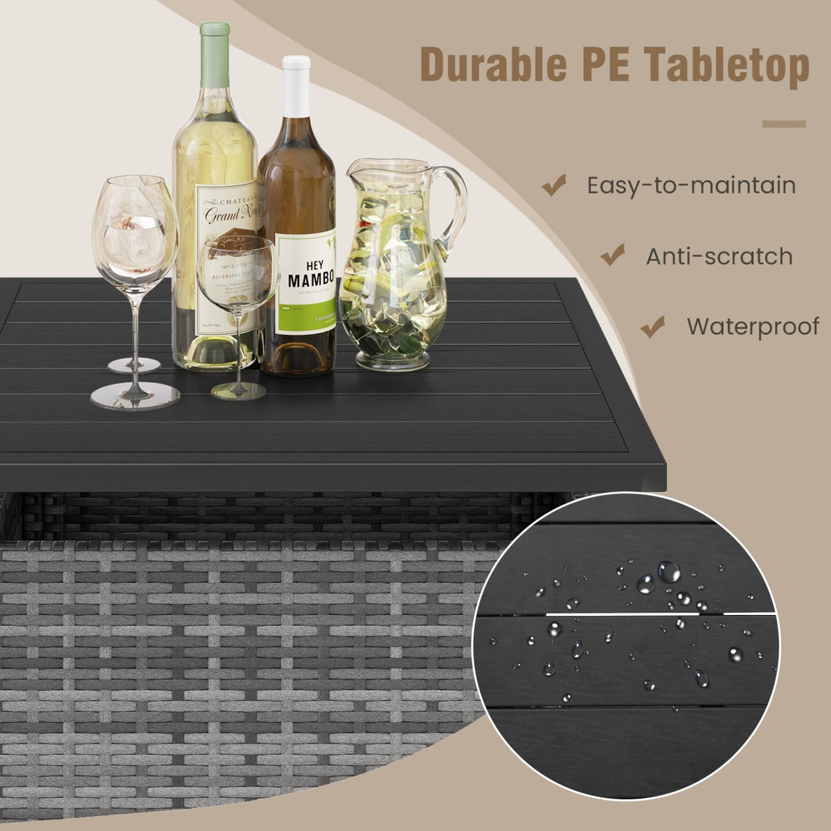 Patio Square Wicker Side Table with Umbrella Hole for Yard-Gray view 8