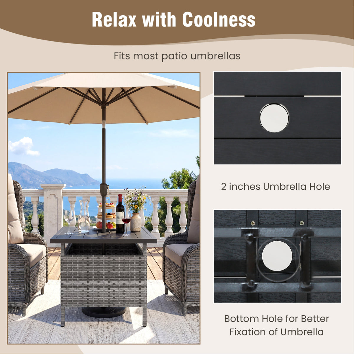 Patio Square Wicker Side Table with Umbrella Hole for Yard-Gray view 9