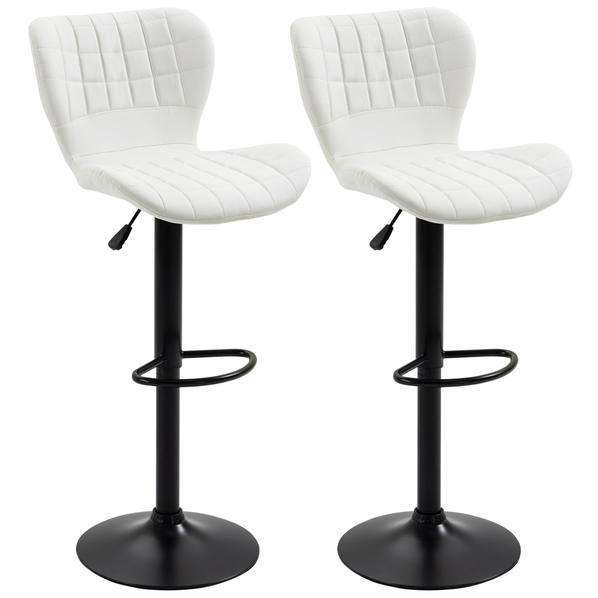 Bar Stools Set of 2 Adjustable Height Swivel Bar Chairs in PU Leather with Backrest & Footrest, White