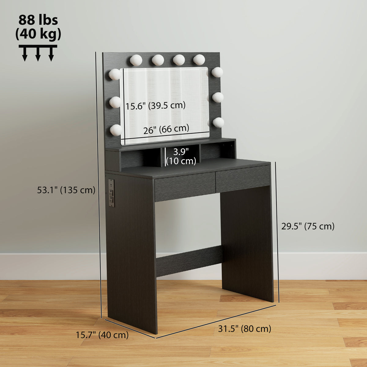 Vanity Table, Makeup Dressing Table with LED Lighting Mirror, Drawers, for Bedroom, Black – view 16