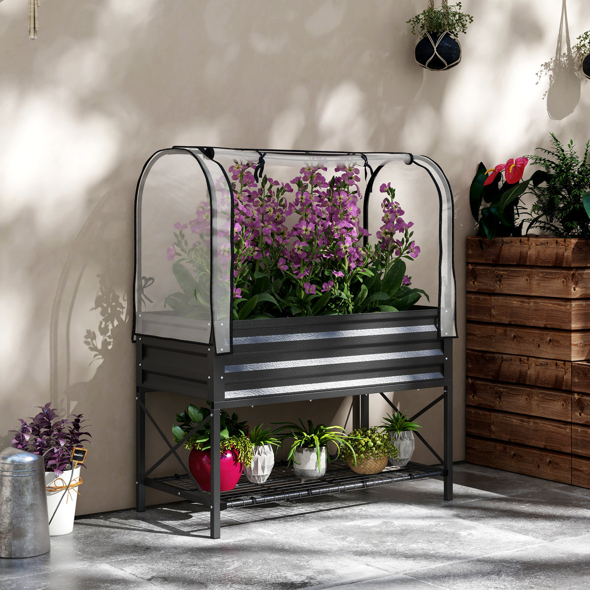 Raised Garden Bed with Cover, Metal Elevated Planter Box with Bottom Shelf and Liner, Black – view 7