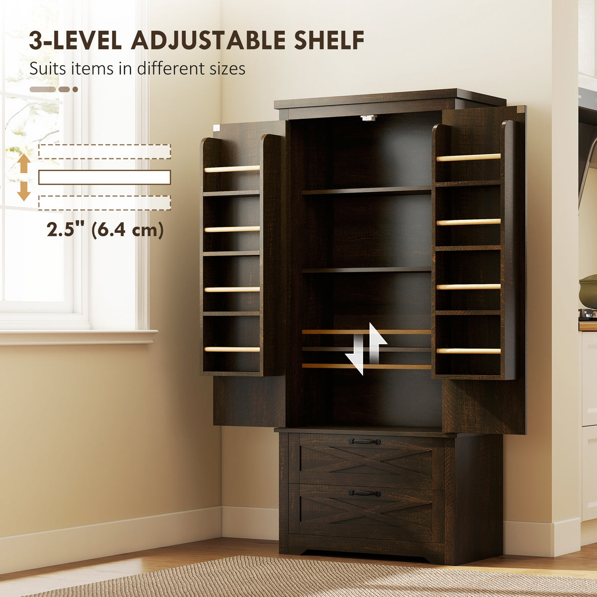 Farmhouse Kitchen Pantry Storage Cabinet, 64" Freestanding Kitchen Pantry Cabinet with Drawers – view 12