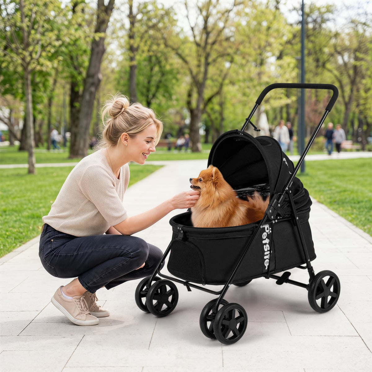 Pet Stroller for Small Medium Dogs Foldable with One-Step Rear Brake and Canopy-Black view 2