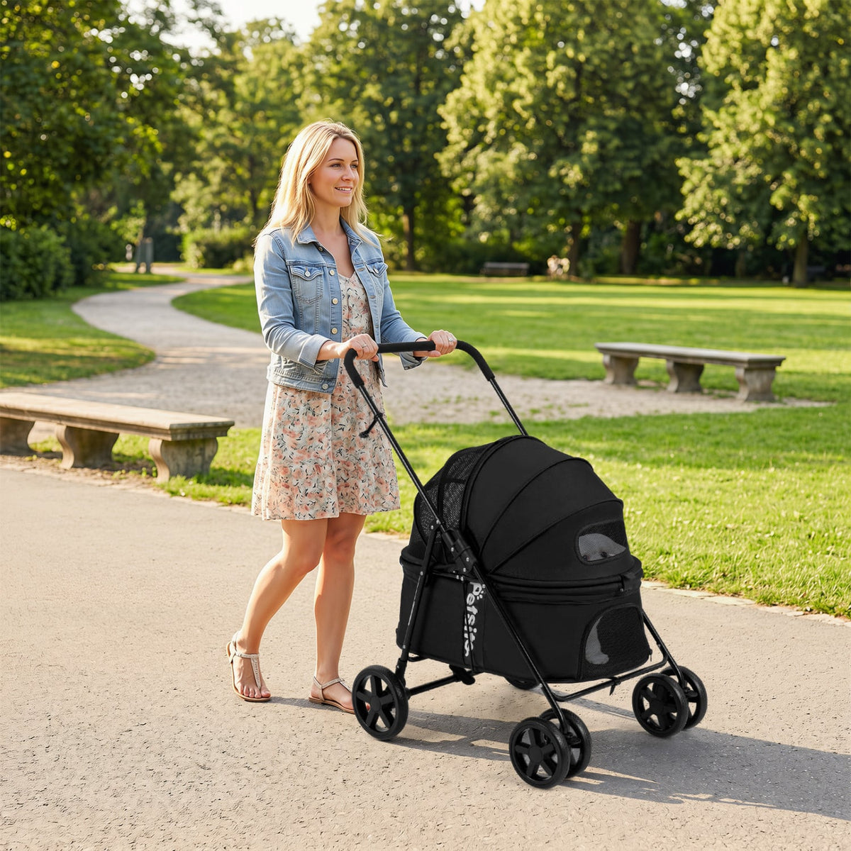Pet Stroller for Small Medium Dogs Foldable with One-Step Rear Brake and Canopy-Black view 3