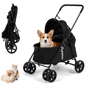 Pet Stroller for Small Medium Dogs Foldable with One-Step Rear Brake and Canopy-Black view 4