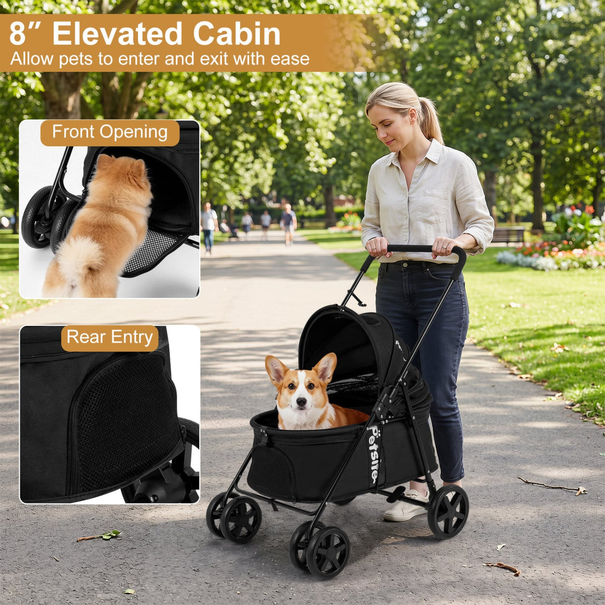 Pet Stroller for Small Medium Dogs Foldable with One-Step Rear Brake and Canopy-Black view 6