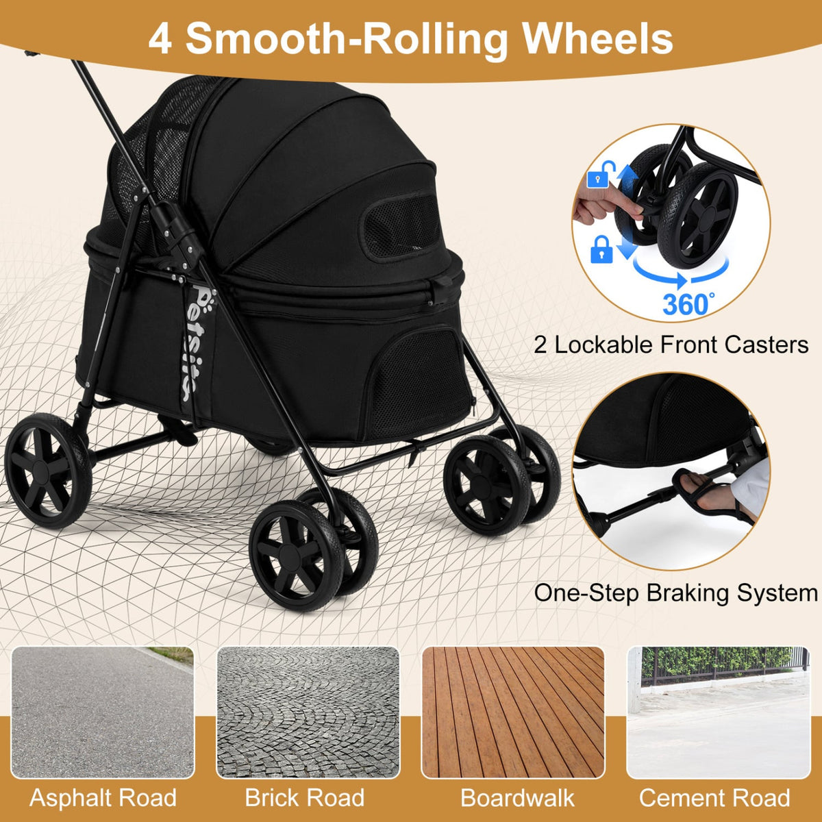 Pet Stroller for Small Medium Dogs Foldable with One-Step Rear Brake and Canopy-Black view 8