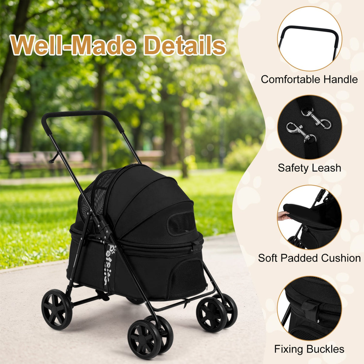Pet Stroller for Small Medium Dogs Foldable with One-Step Rear Brake and Canopy-Black view 9