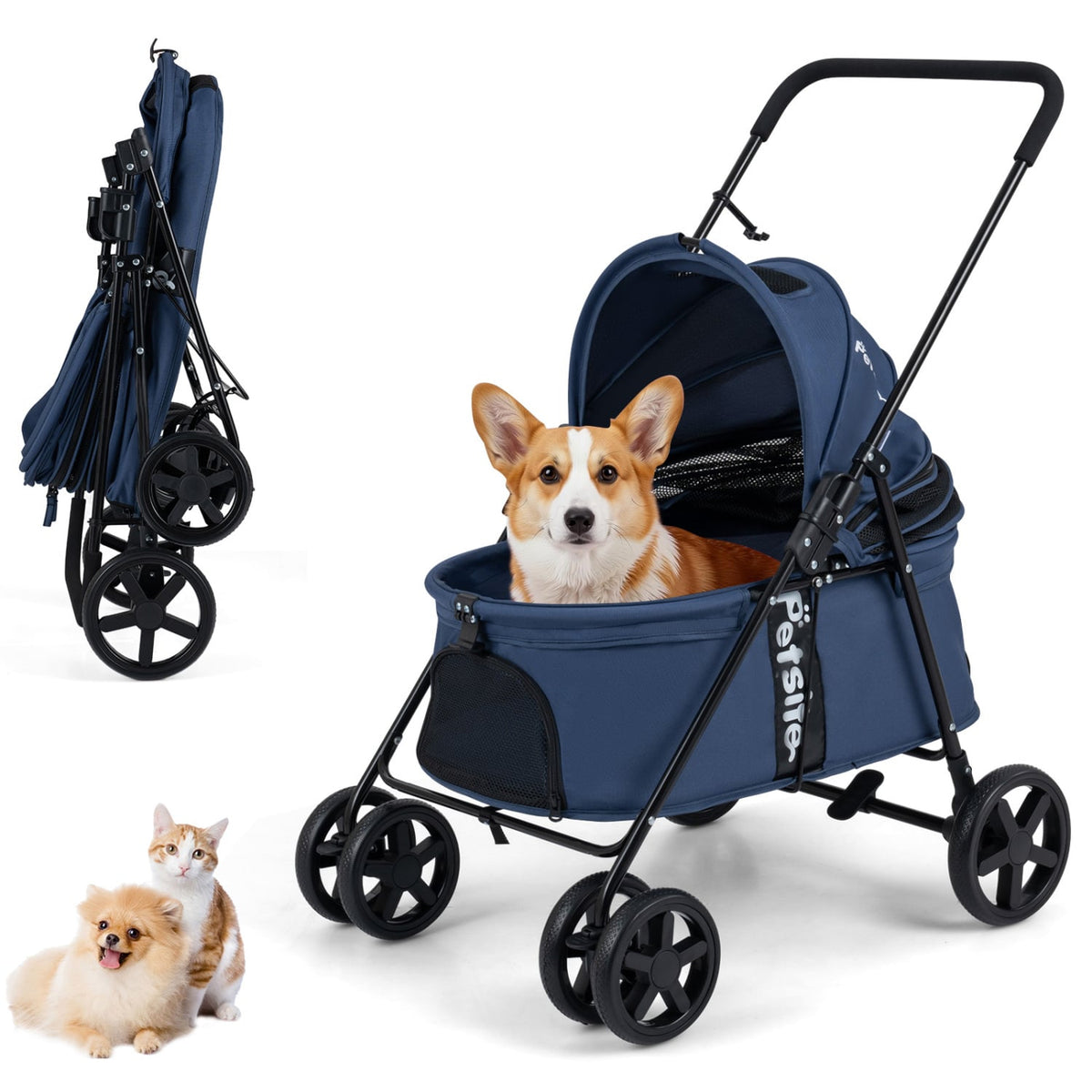 Pet Stroller for Small Medium Dogs Foldable with One-Step Rear Brake and Canopy-Navy view 4