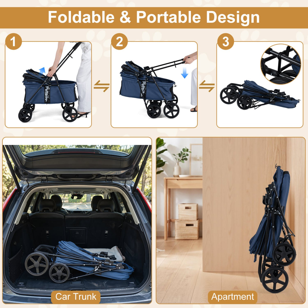 Pet Stroller for Small Medium Dogs Foldable with One-Step Rear Brake and Canopy-Navy view 7