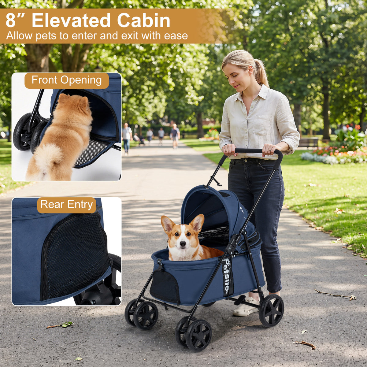 Pet Stroller for Small Medium Dogs Foldable with One-Step Rear Brake and Canopy-Navy view 8