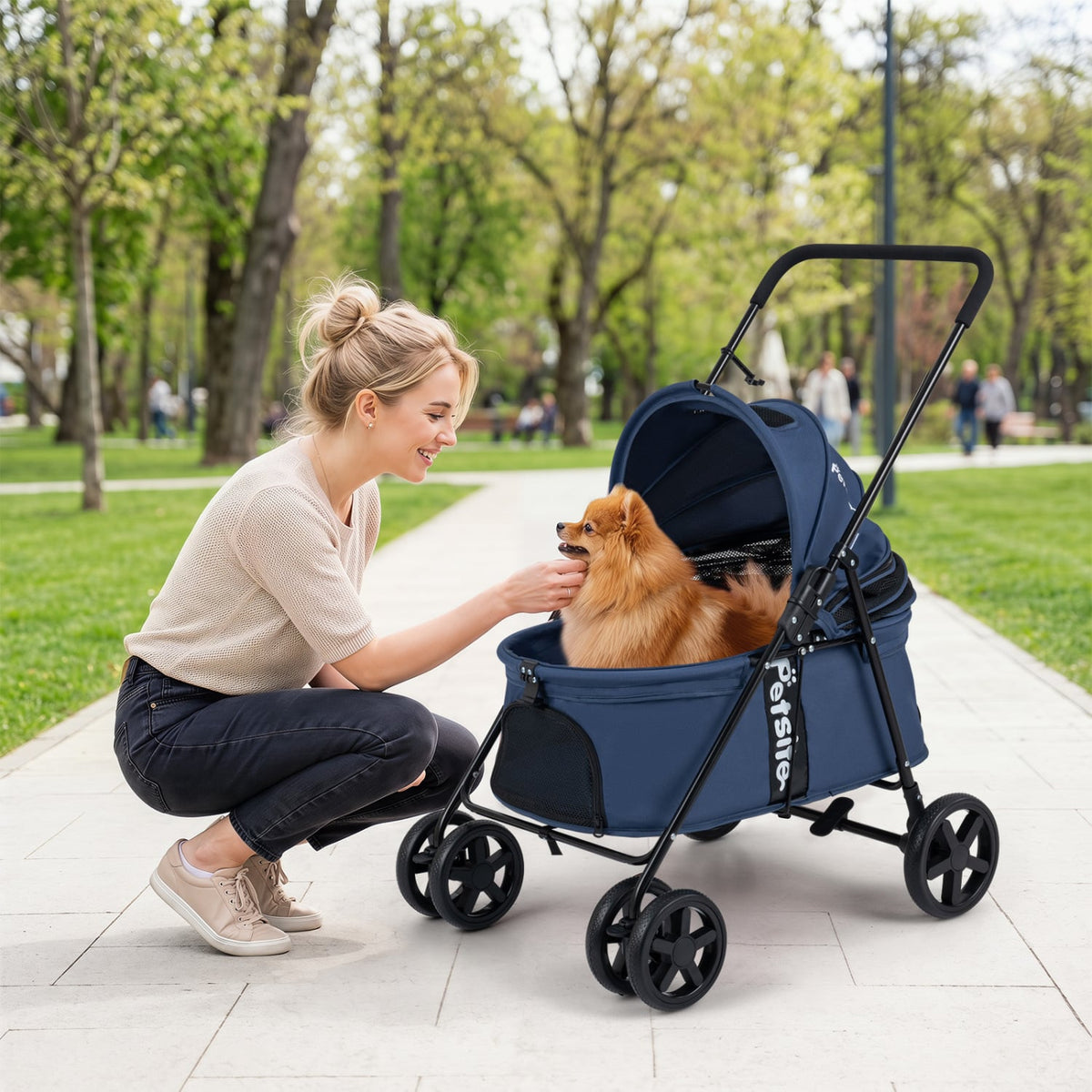 Pet Stroller for Small Medium Dogs Foldable with One-Step Rear Brake and Canopy-Navy view 2