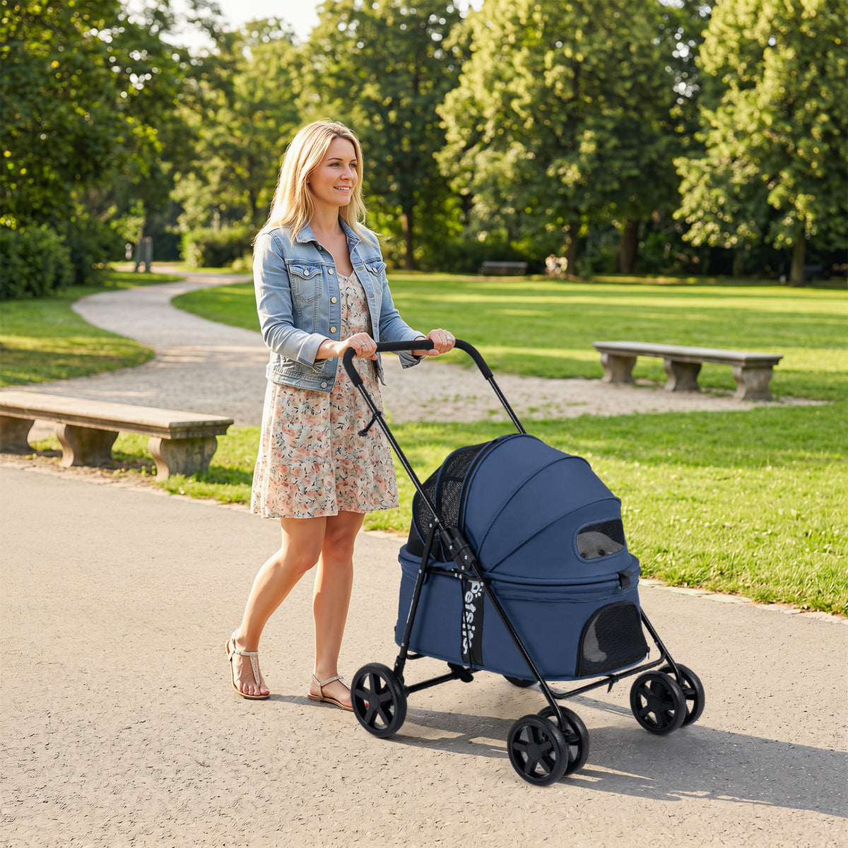 Pet Stroller for Small Medium Dogs Foldable with One-Step Rear Brake and Canopy-Navy view 3