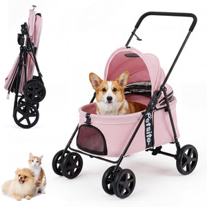 Pet Stroller for Small Medium Dogs Foldable with One-Step Rear Brake and Canopy-Pink view 4