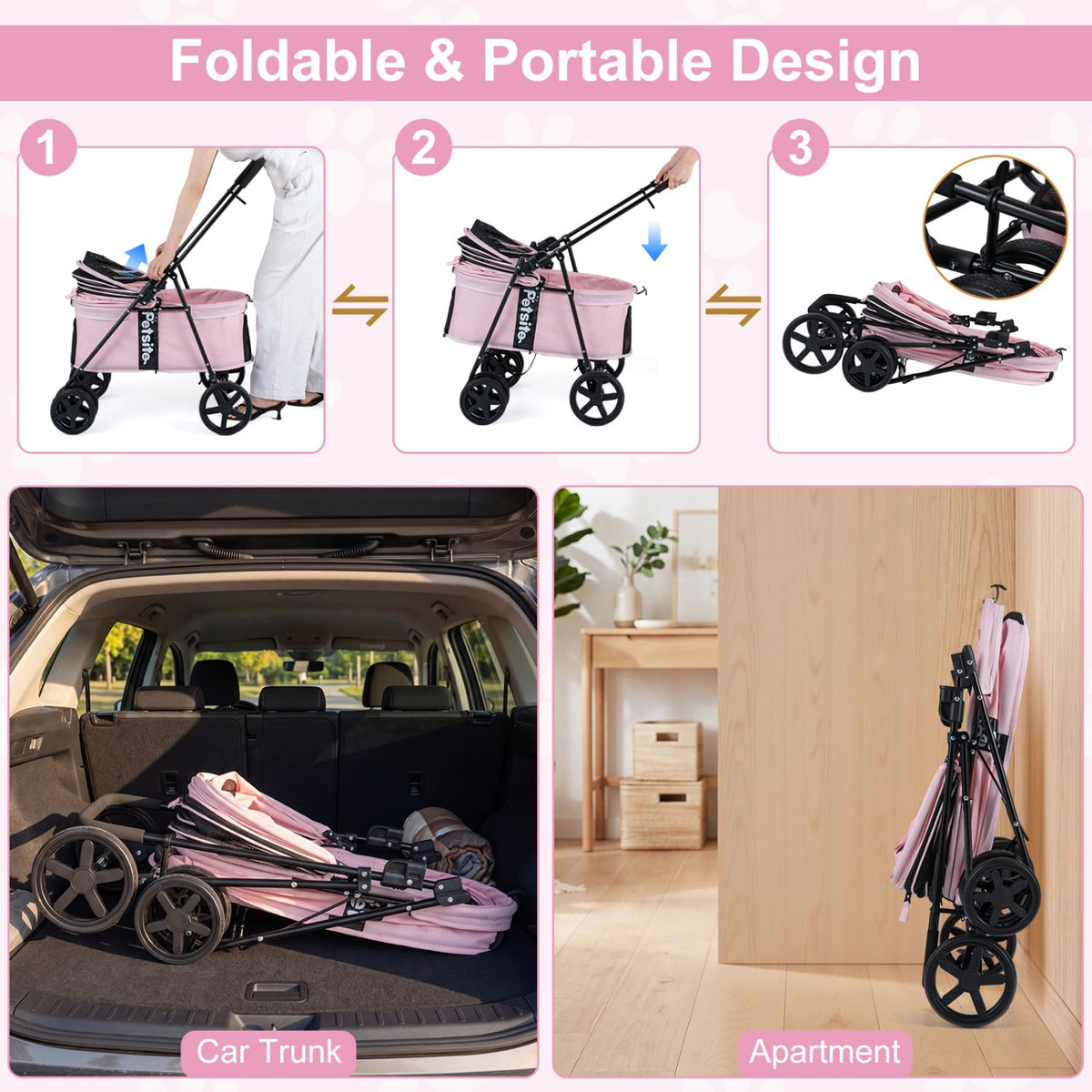 Pet Stroller for Small Medium Dogs Foldable with One-Step Rear Brake and Canopy-Pink view 7
