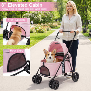 Pet Stroller for Small Medium Dogs Foldable with One-Step Rear Brake and Canopy-Pink view 8
