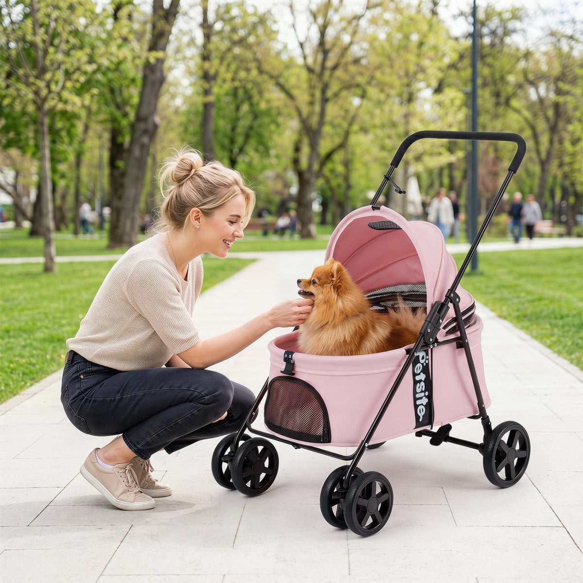 Pet Stroller for Small Medium Dogs Foldable with One-Step Rear Brake and Canopy-Pink view 2