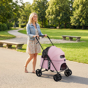 Pet Stroller for Small Medium Dogs Foldable with One-Step Rear Brake and Canopy-Pink view 3