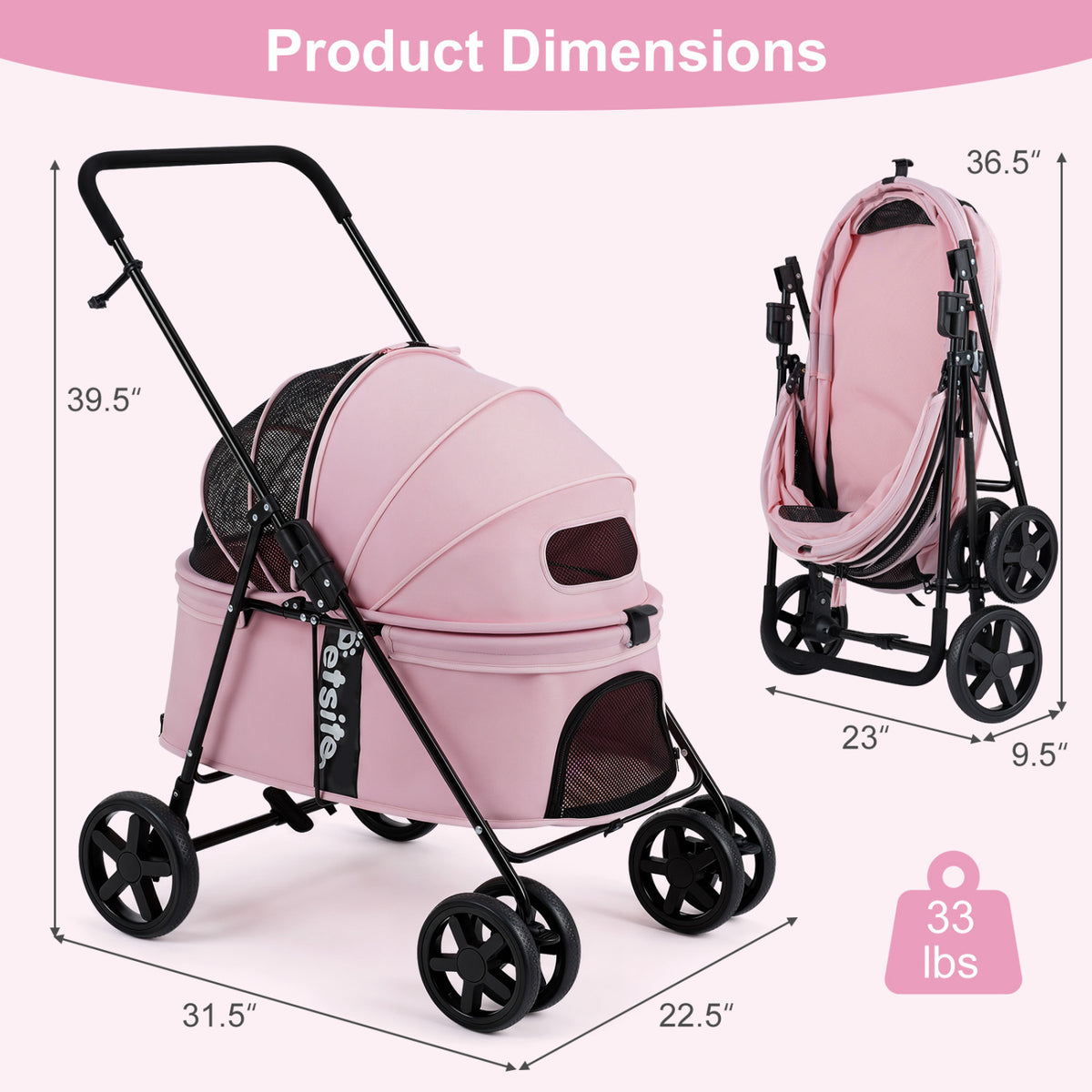 Pet Stroller for Small Medium Dogs Foldable with One-Step Rear Brake and Canopy-Pink view 5