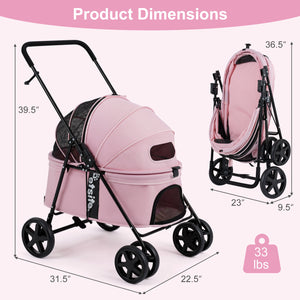 Pet Stroller for Small Medium Dogs Foldable with One-Step Rear Brake and Canopy-Pink view 5