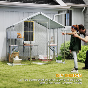 79" Extra Large Metal Outdoor Catio with Waterproof Cover, Resting Box, 4 Platforms, for Multiple Rabbits, Chicken