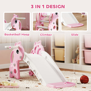 Qaba 3 in 1 Toddler Slide for Age 1-3, Kids Slide with Climber, Basketball Hoop and Ball, Giraffe Design