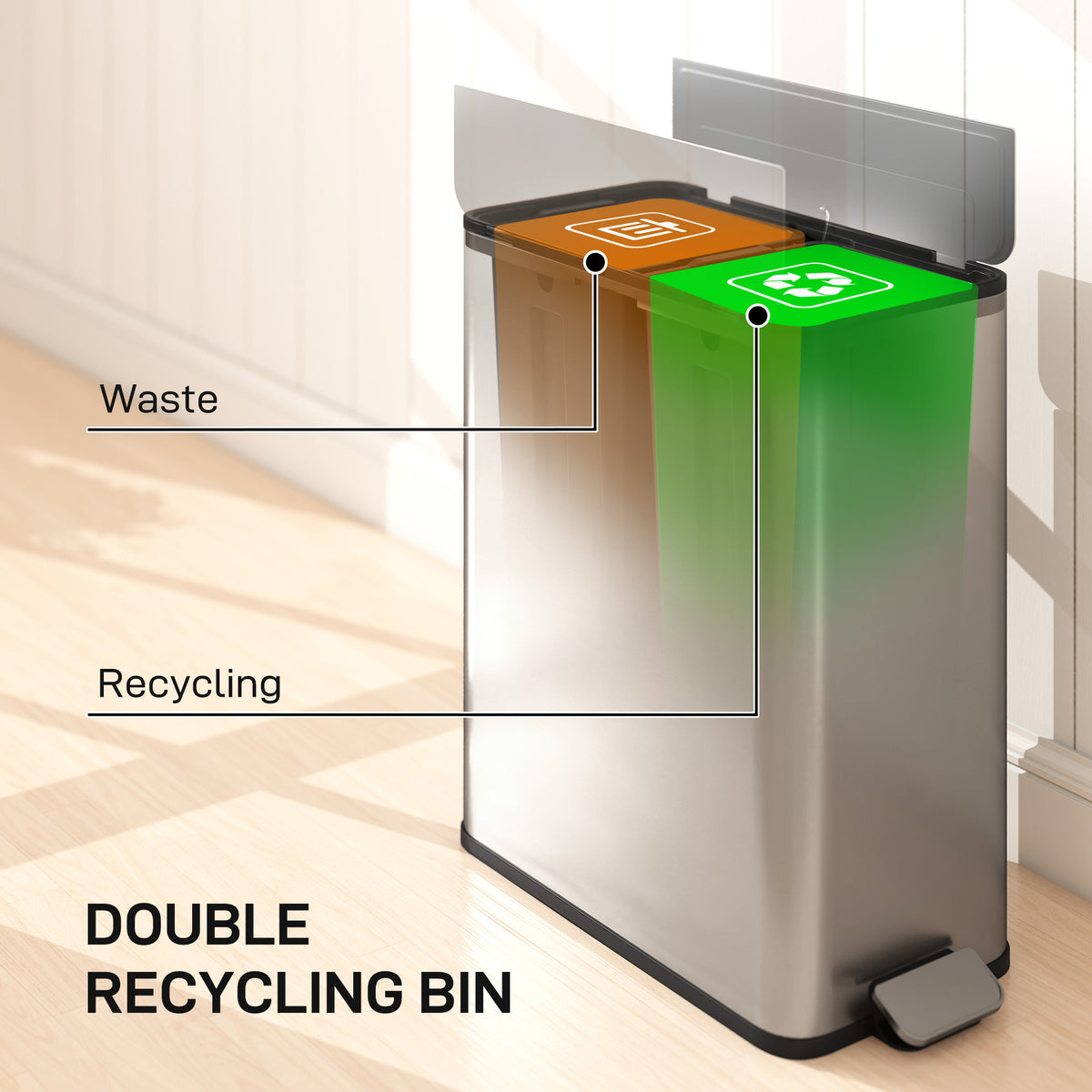 Dual Trash Can with Soft-Close Lid, Garbage Can with Removable Inner Bucket for Kitchen 2 x 7.4 Gal (2 x 28 L), Silver
