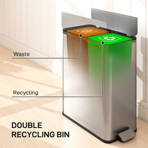 Dual Trash Can with Soft-Close Lid, Garbage Can with Removable Inner Bucket for Kitchen 2 x 7.4 Gal (2 x 28 L), Silver