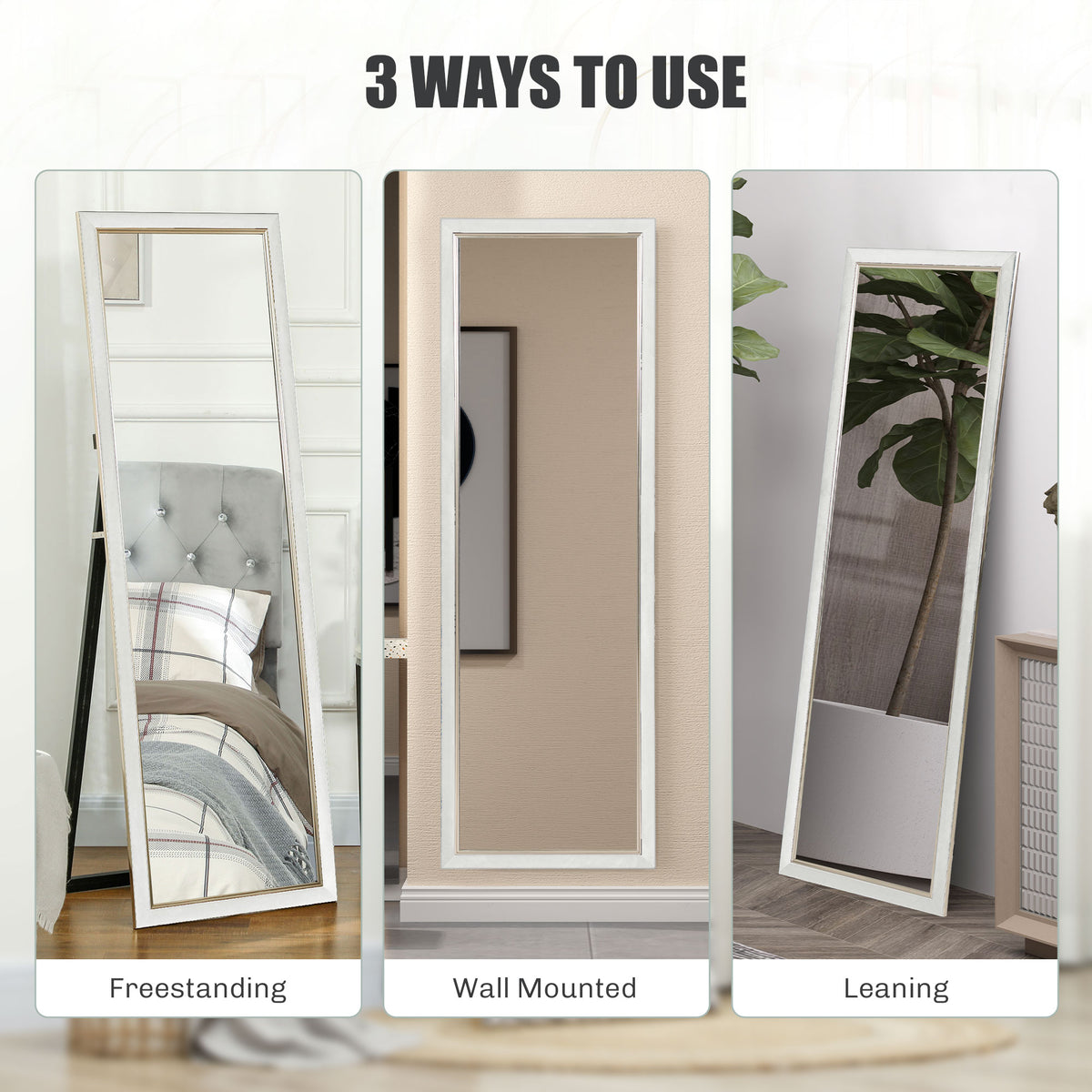 Floor Standing Mirror, Full Body Mirror, Free Standing, Leaning or Wall Mirror with Frame for Bedroom, White