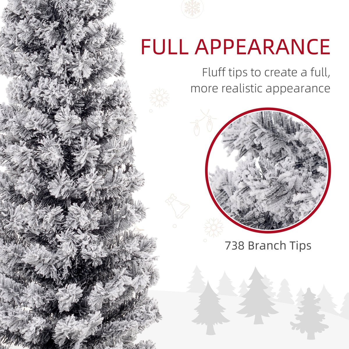 6ft Flocked Christmas Tree, Pencil Christmas Tree with Realistic Branch Tips, Folding Metal Stand, Green – view 39