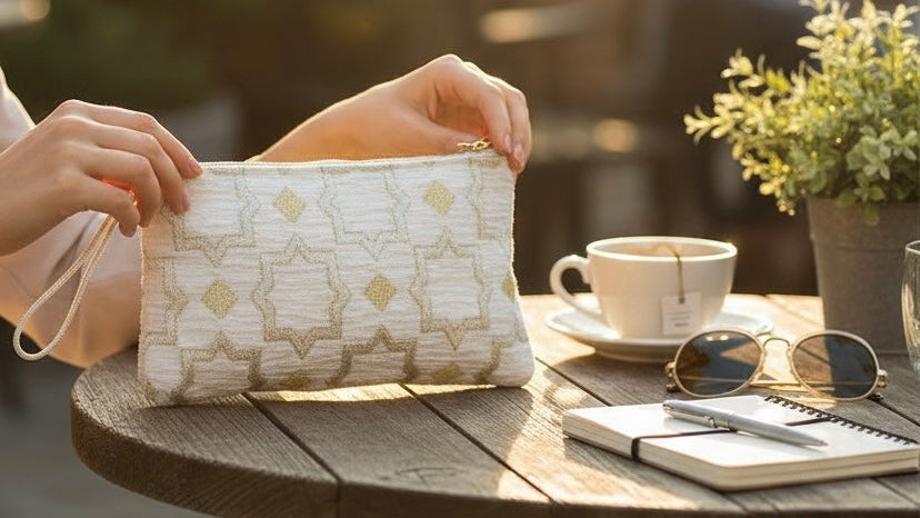 One Earth Brocade White Pouch, Handmade Morocco, 2 Sizes