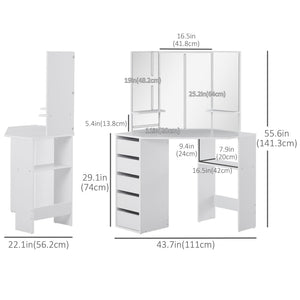 Corner Vanity Desk with Mirror, Makeup Vanity Table with 5 Drawers and Open Shelves – view 9