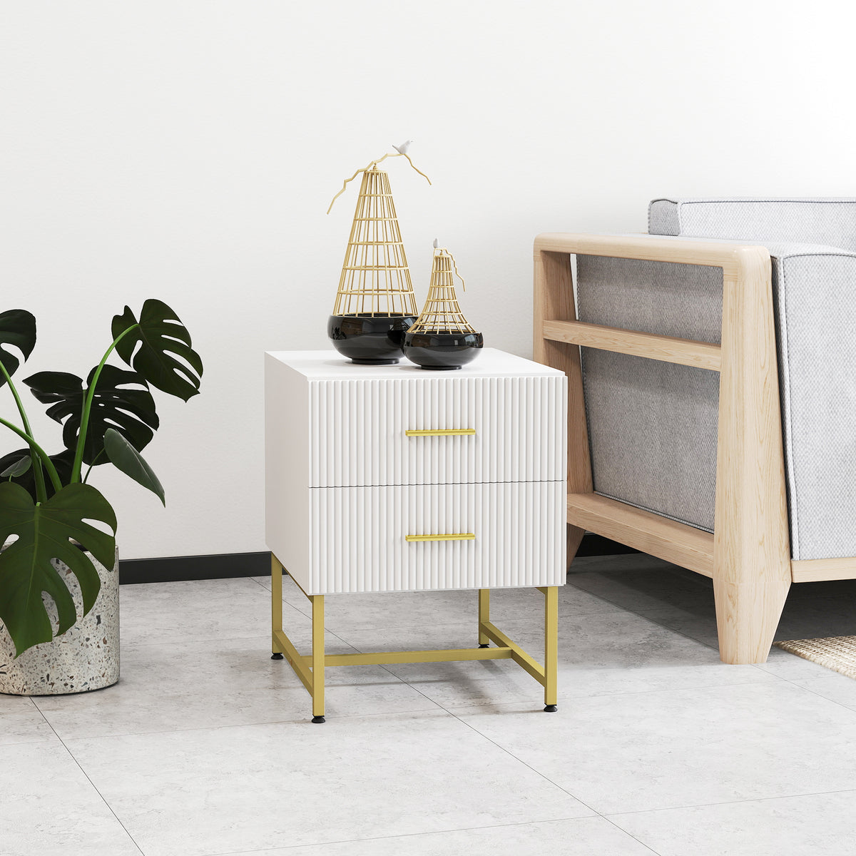 2 Pieces Nightstands with Storage, Modern Bedside Tables with 2 Fluted Drawers and Gold Legs for Bedroom – view 13