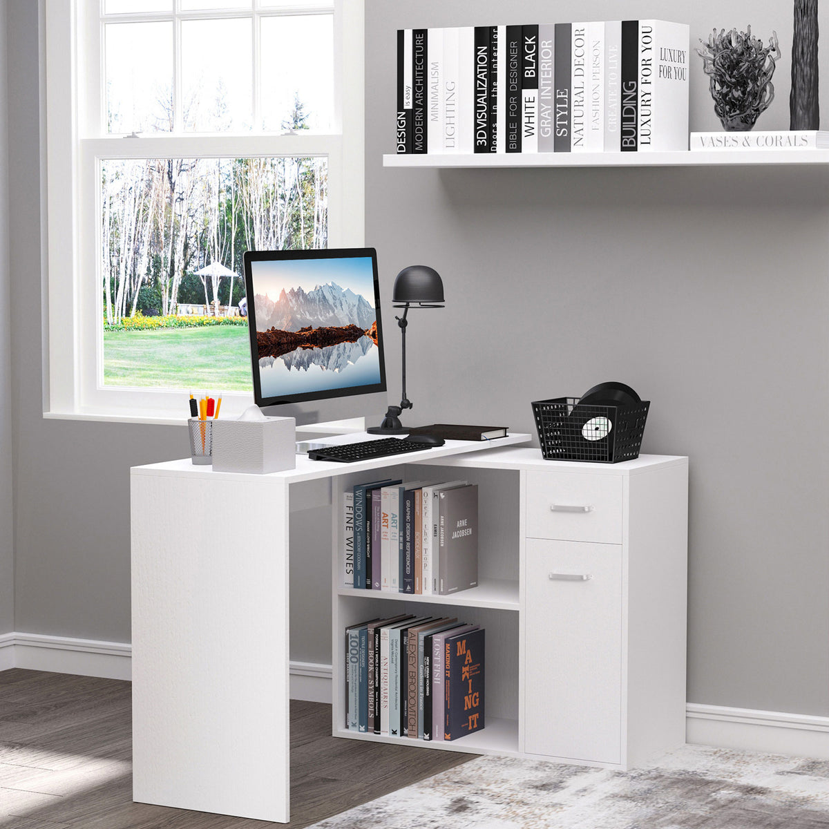 180° Rotating Home Office Corner Desk Storage Shelf Cabinet Black – view 14