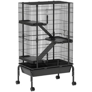 47"H Ferret Cage, Large 4-Tier Guinea Pig Cage with Wheels, Ramps, Bowl, Water Bottle & Removable Tray, Black