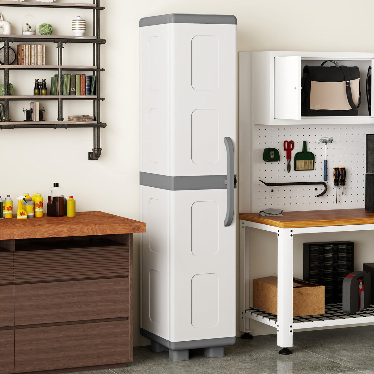 Plastic Kitchen Pantry with 4 Adjustable Shelves and Single Door for Living Room and Kitchen-Gray view 2