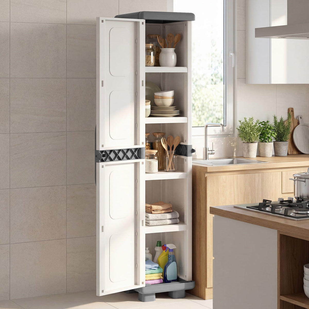 Plastic Kitchen Pantry with 4 Adjustable Shelves and Single Door for Living Room and Kitchen-Gray view 3