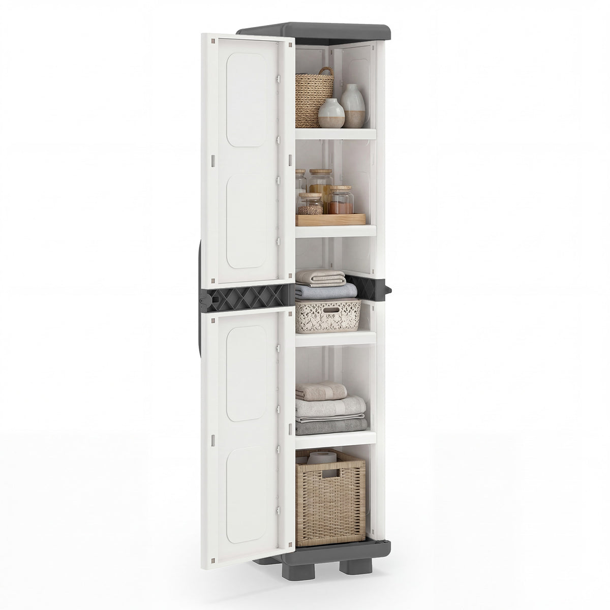 Plastic Kitchen Pantry with 4 Adjustable Shelves and Single Door for Living Room and Kitchen-Gray