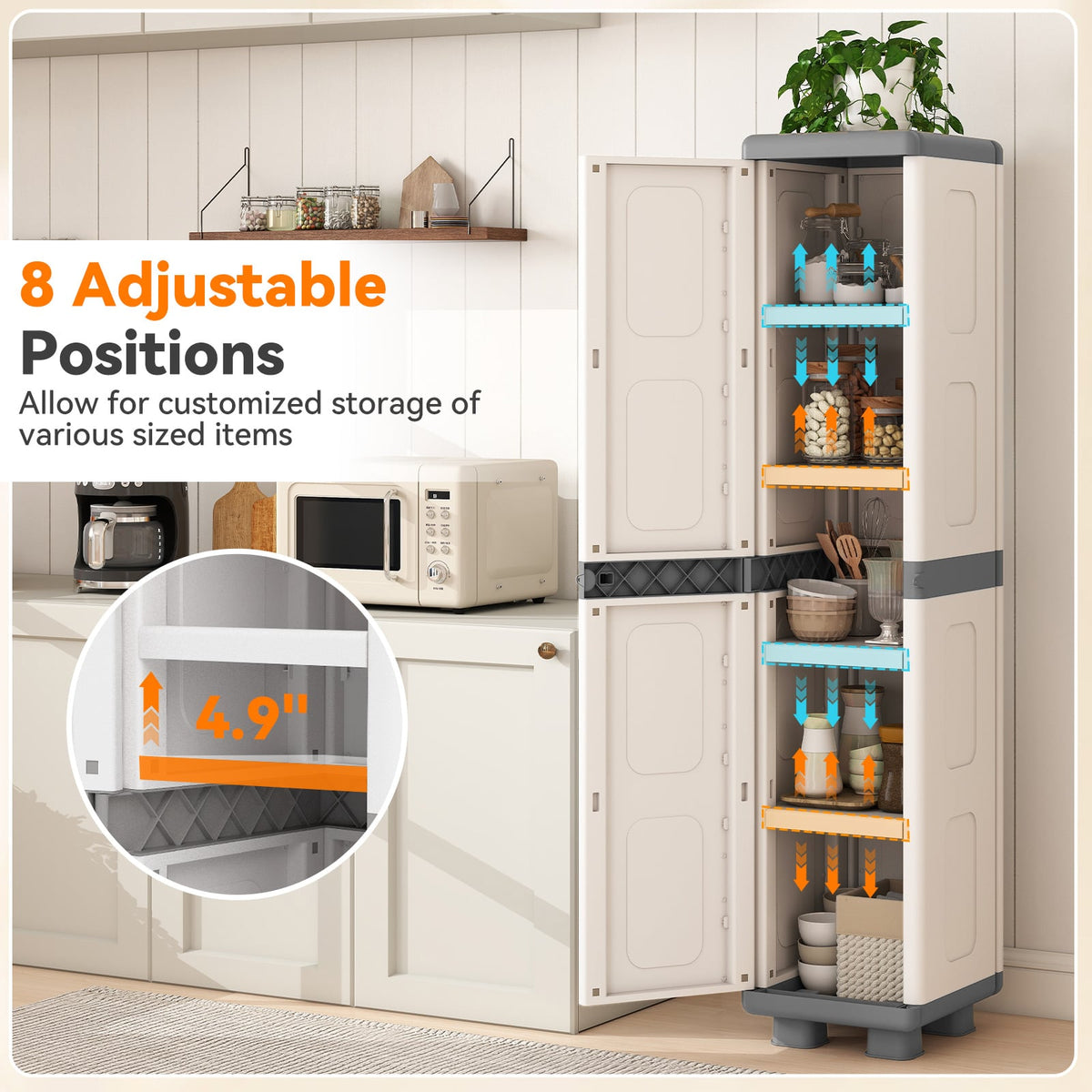 Plastic Kitchen Pantry with 4 Adjustable Shelves and Single Door for Living Room and Kitchen-Gray view 7